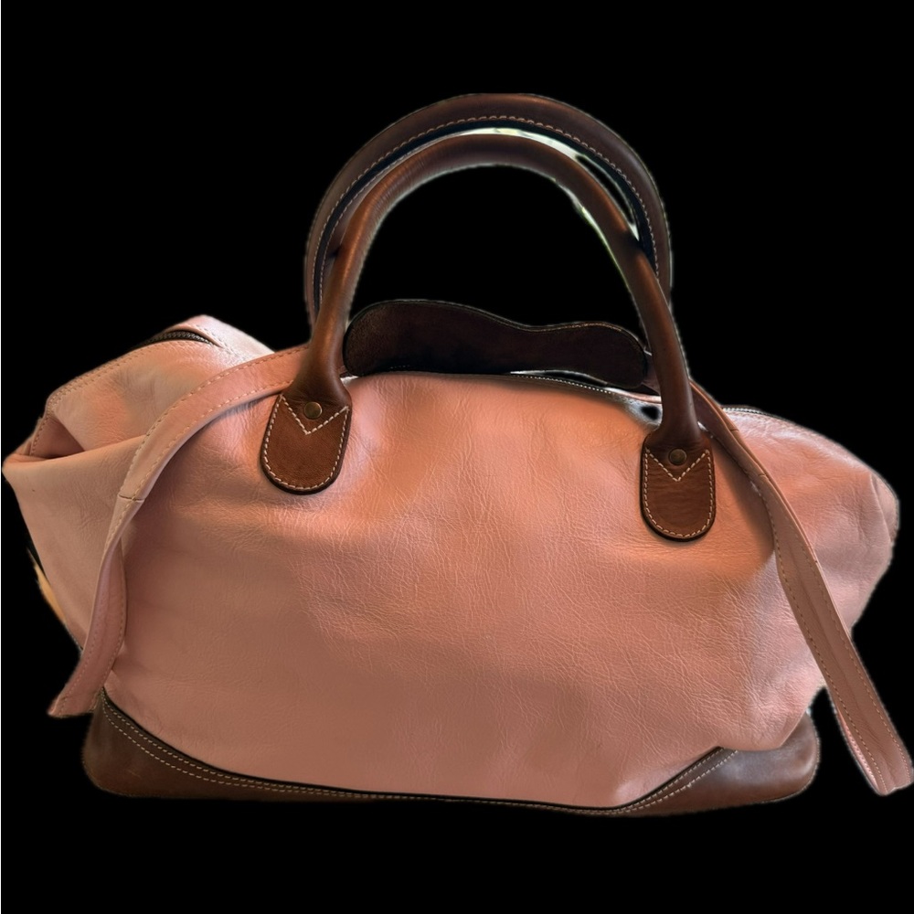 Pink Leather Weekender Bag with Dark Brown Handles